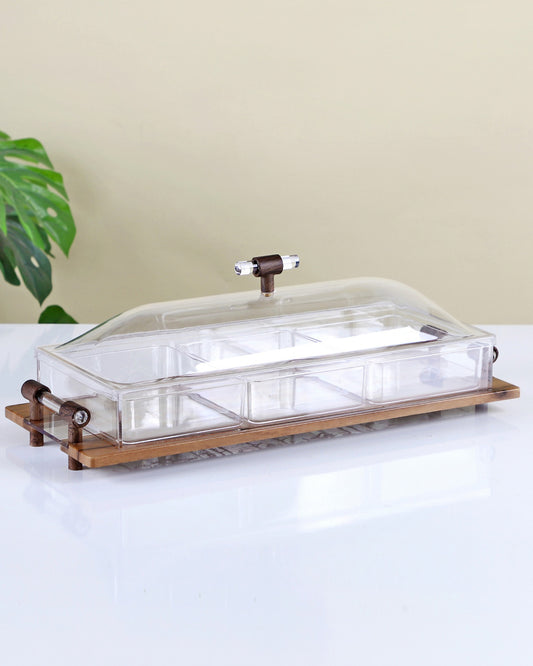 Fruit Serving Tray Wooden and Acrylic  3 Bowls -MY2110